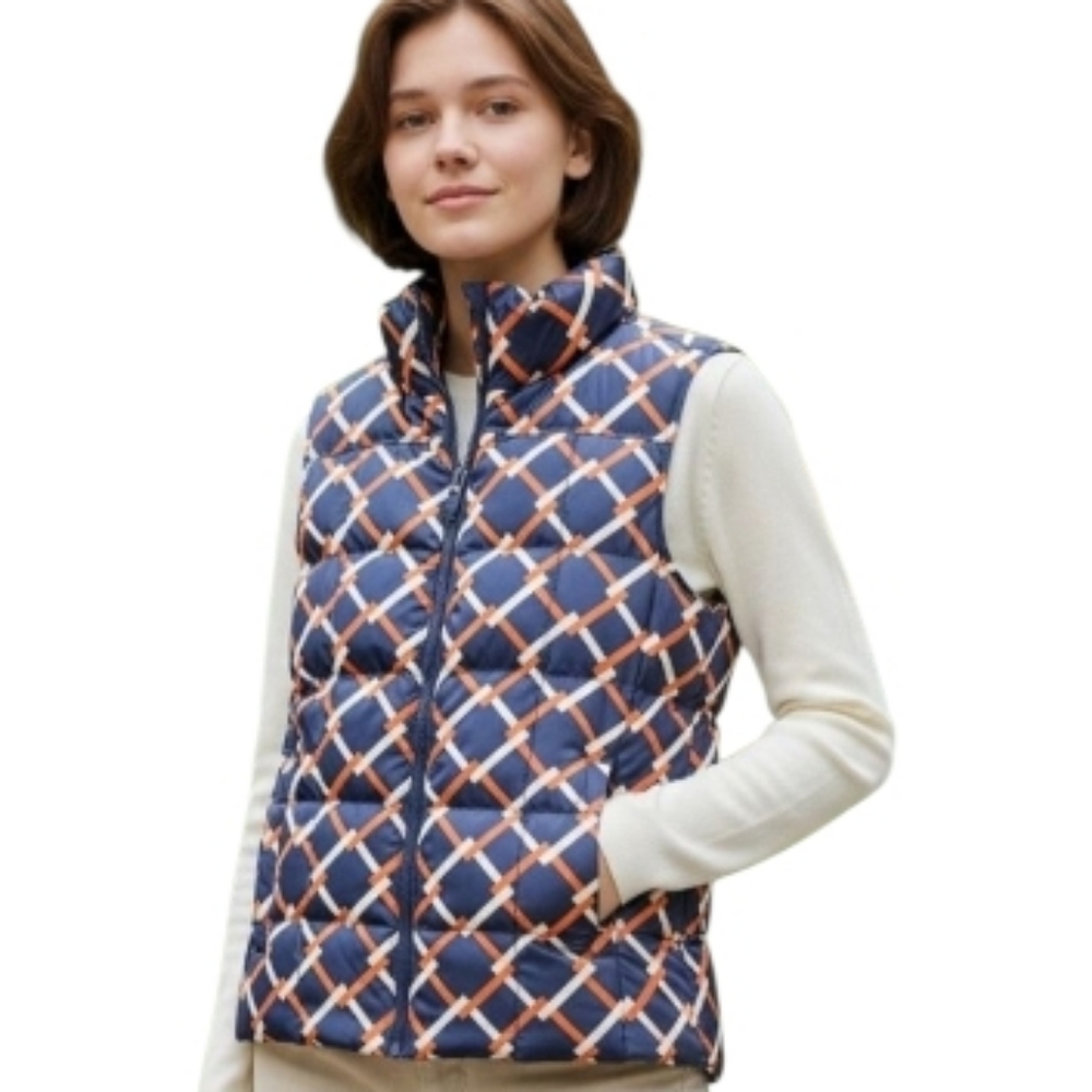 Lands' End Women's Puffer Vest Blue Orange Full Zip Sleeveless Quilted SZ S